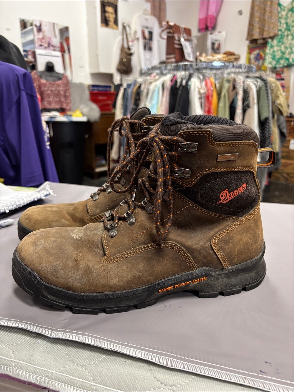 Danner Brown Leather Lace-Up Work Boots with Orange Accents